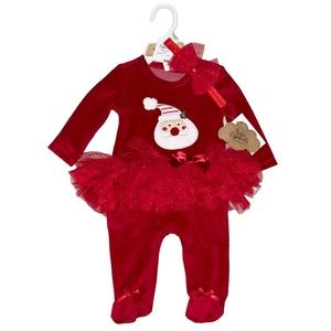 NWT Baby Essentials Christmas Santa Tutu Footie Outfit With Headband Size 3 Mo